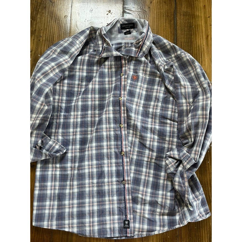 Ariat Pro Series Mens Blue Plaid‎ Long Sleeve Button Down Shirt Large L